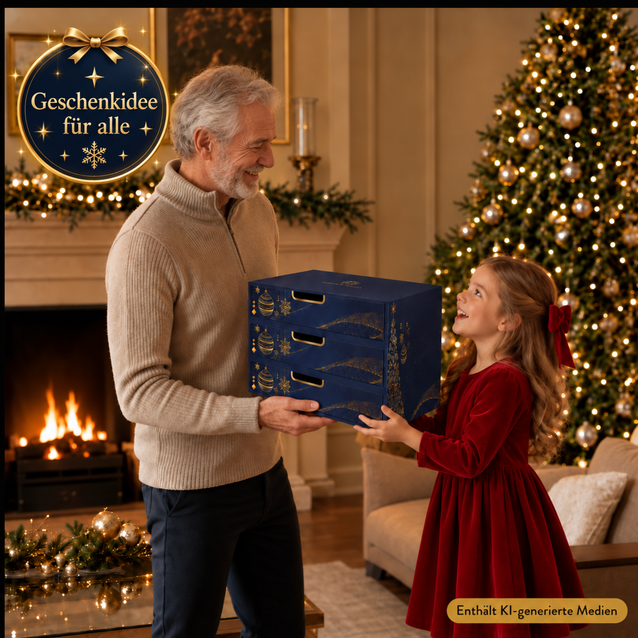 Großvater schenkt seiner Enkelin einen Sultan’s Palace Adventskalender vor einem festlich geschmückten Weihnachtsbaum.